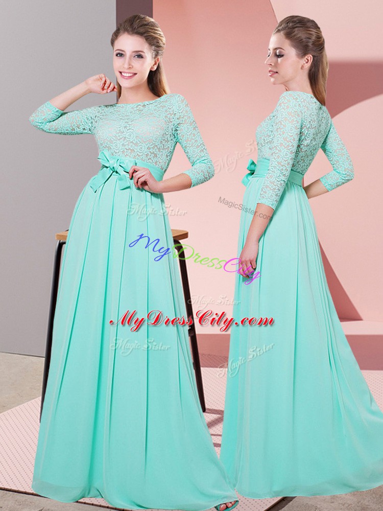 Cheap Floor Length Side Zipper Bridesmaids Dress Apple Green for Wedding Party with Lace and Belt