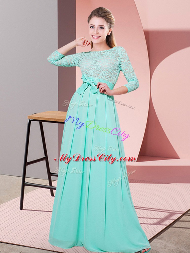 Cheap Floor Length Side Zipper Bridesmaids Dress Apple Green for Wedding Party with Lace and Belt