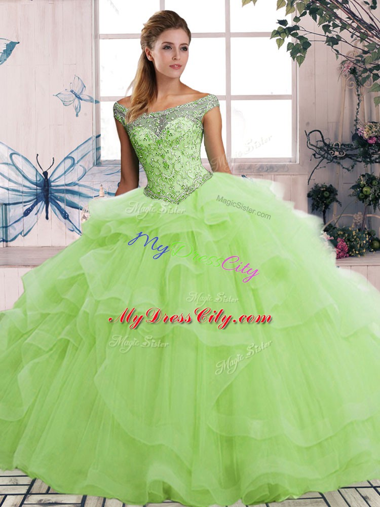 Modern Yellow Green Lace Up Vestidos de Quinceanera Beading and Ruffles Sleeveless Floor Length