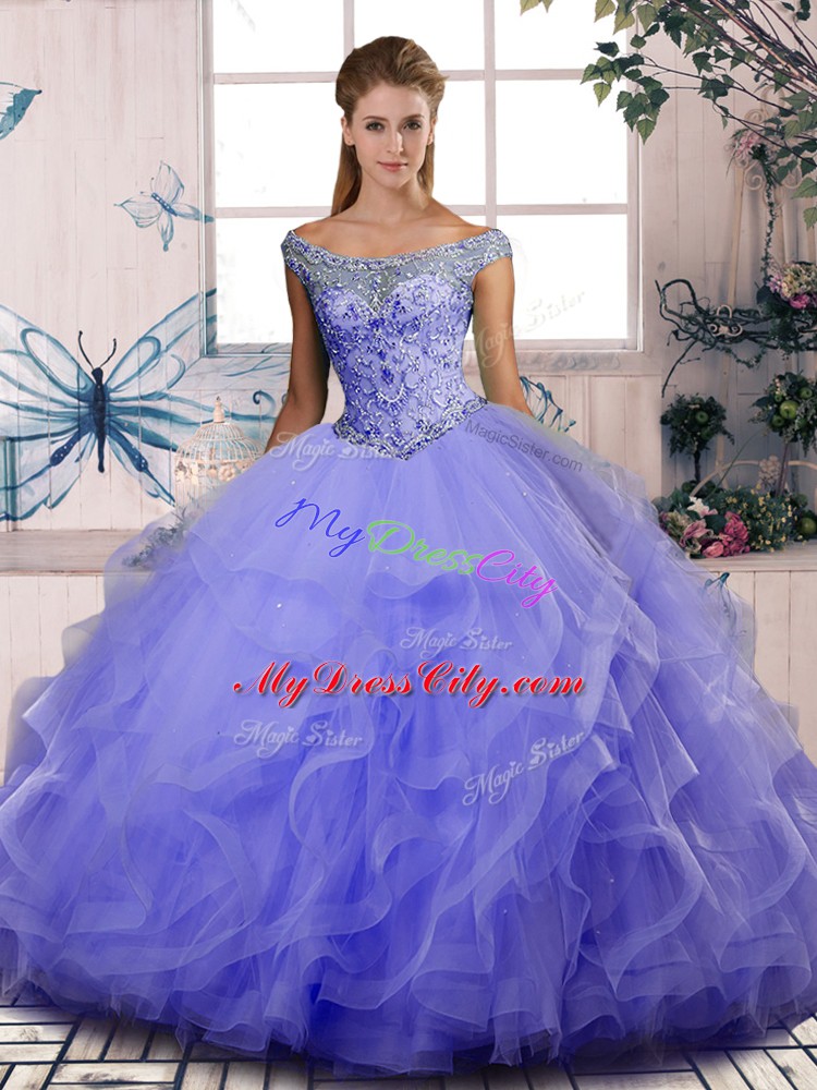 Off The Shoulder Sleeveless Tulle 15th Birthday Dress Beading and Ruffles Lace Up