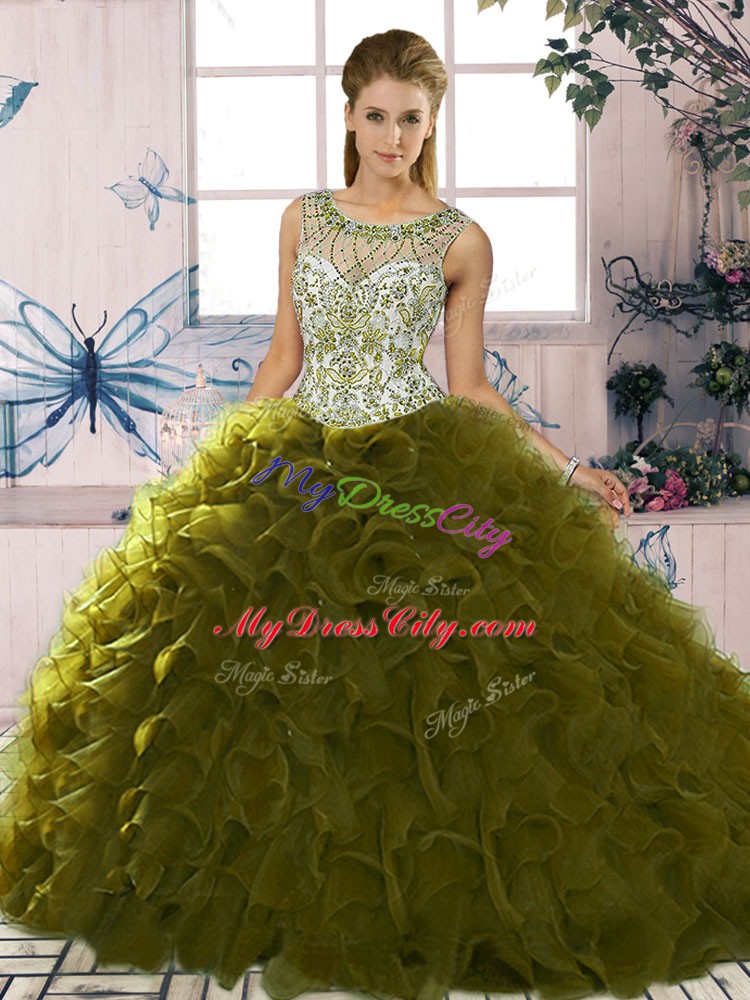 Cute Scoop Sleeveless Organza Vestidos de Quinceanera Beading and Ruffles Lace Up