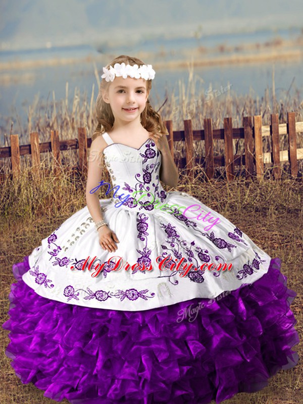 Sleeveless Lace Up Floor Length Embroidery and Ruffles Little Girls Pageant Dress Wholesale