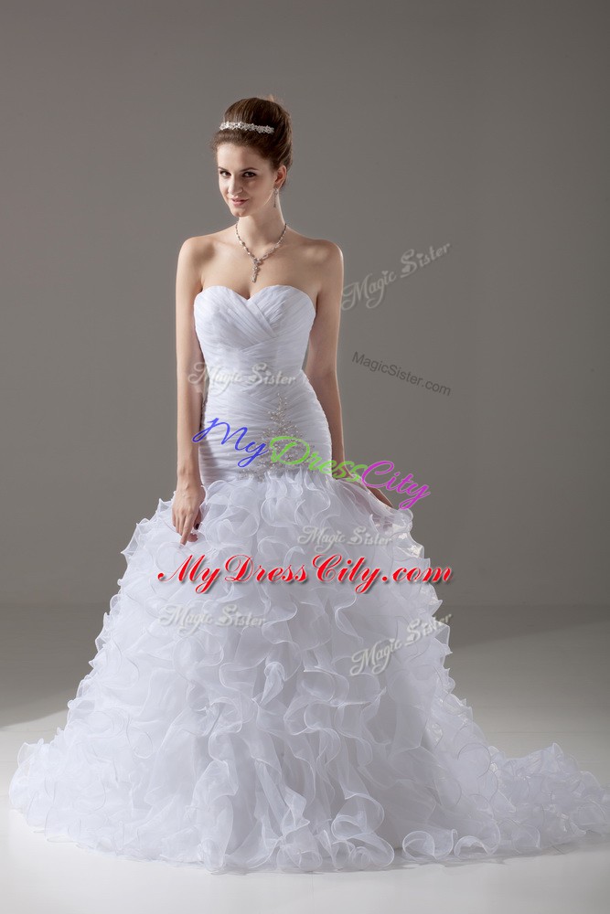 Sexy White Sleeveless Organza Brush Train Lace Up Wedding Gown for Wedding Party