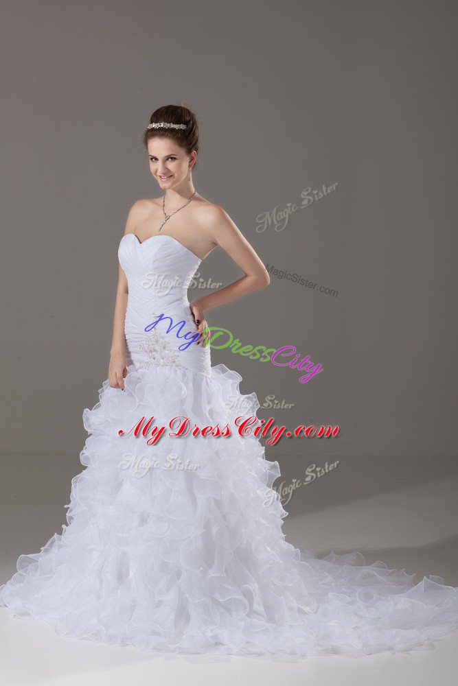 Sexy White Sleeveless Organza Brush Train Lace Up Wedding Gown for Wedding Party