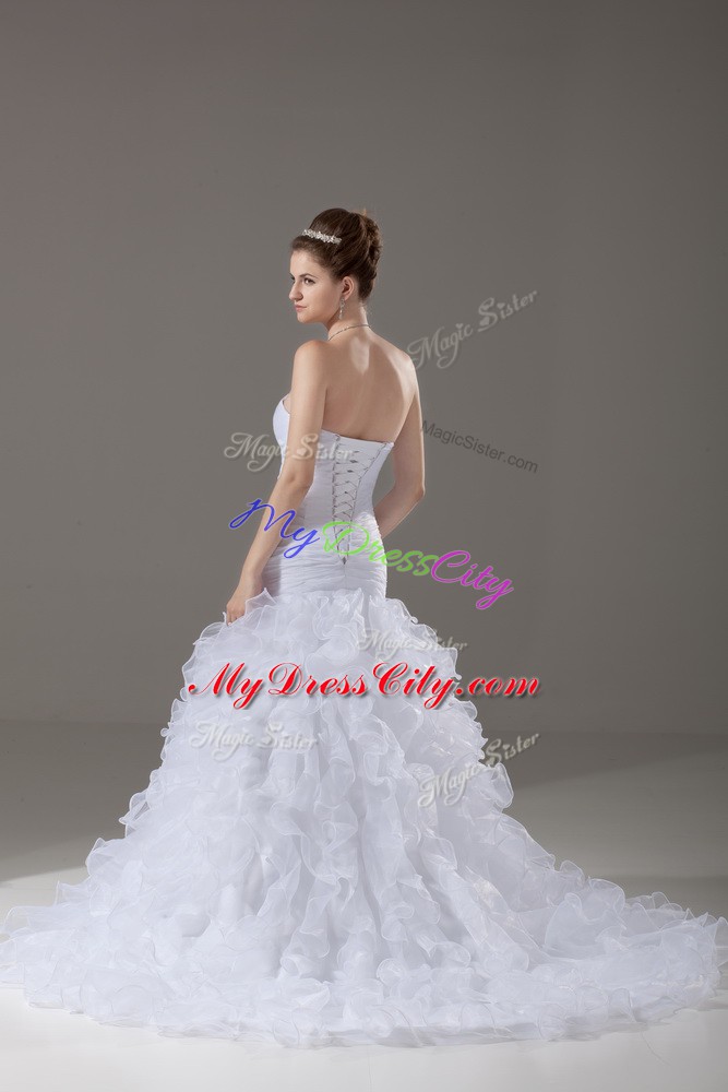 Sexy White Sleeveless Organza Brush Train Lace Up Wedding Gown for Wedding Party