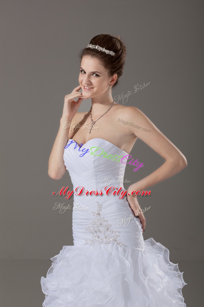 Sexy White Sleeveless Organza Brush Train Lace Up Wedding Gown for Wedding Party