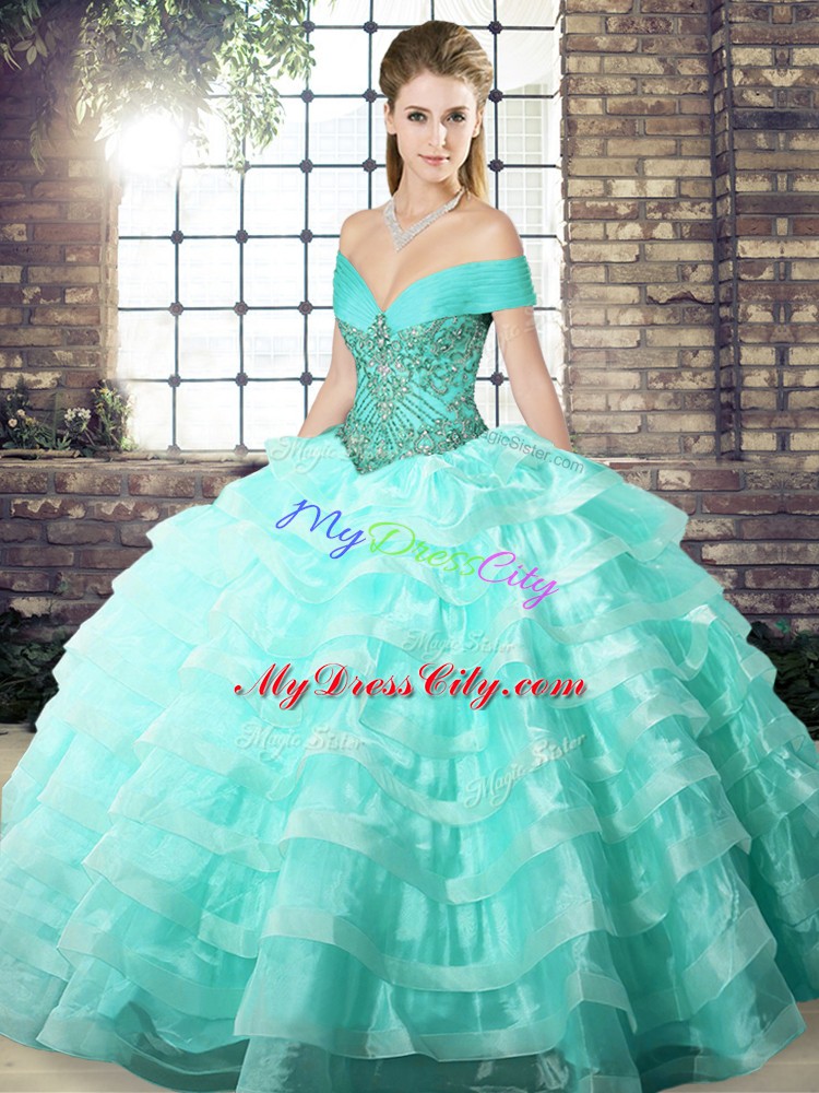 Off The Shoulder Sleeveless Organza Quinceanera Dresses Beading and Ruffled Layers Brush Train Lace Up