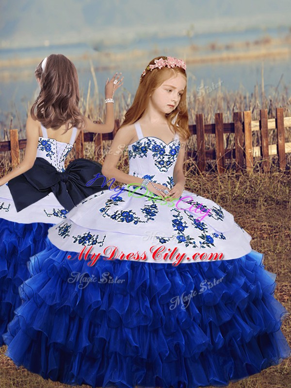 New Style Floor Length Lace Up Pageant Gowns For Girls Royal Blue for Party and Wedding Party with Embroidery and Ruffled Layers