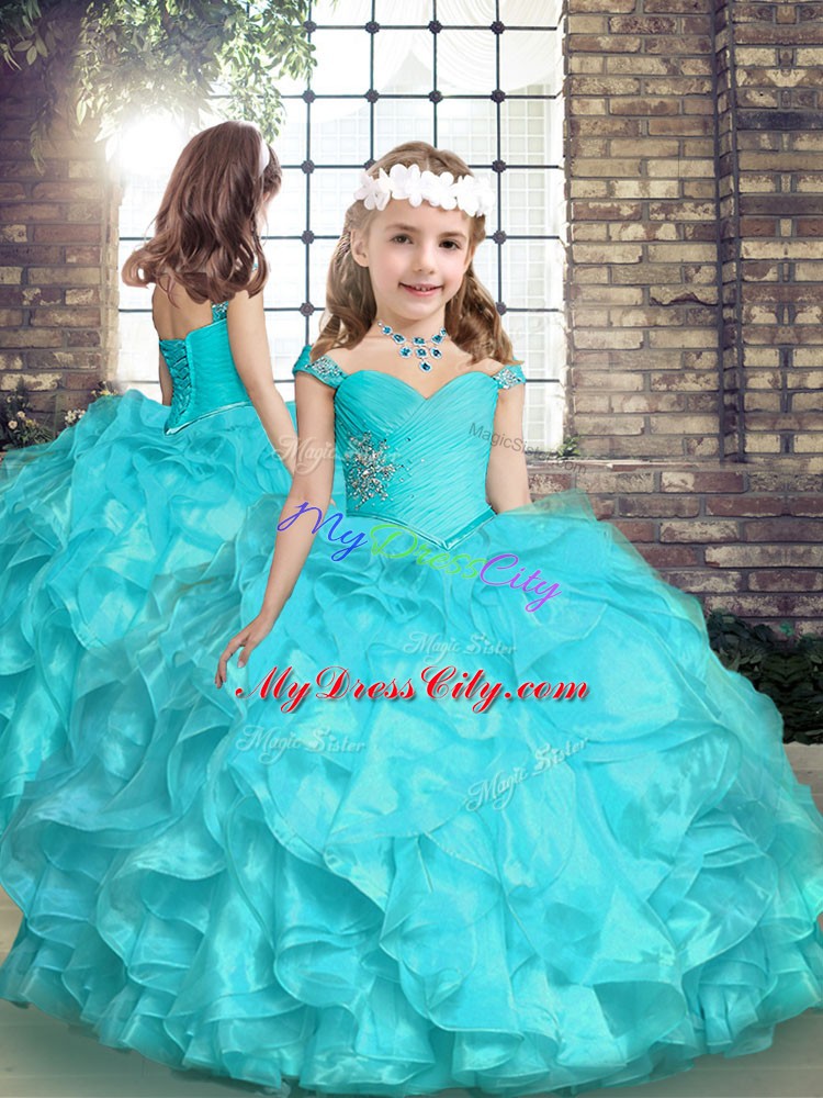 Luxurious Aqua Blue Lace Up Straps Beading and Ruffles High School Pageant Dress Organza Sleeveless