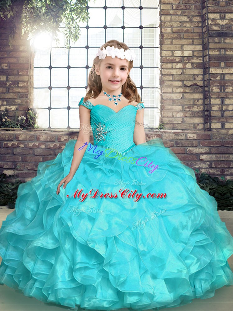 Luxurious Aqua Blue Lace Up Straps Beading and Ruffles High School Pageant Dress Organza Sleeveless