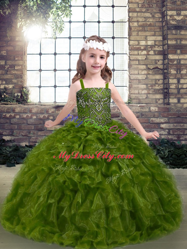 Customized Olive Green Straps Neckline Beading and Ruffles Little Girls Pageant Dress Wholesale Sleeveless Lace Up