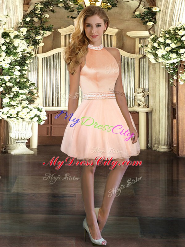 Designer Peach Organza Backless Prom Party Dress Sleeveless Mini Length Beading