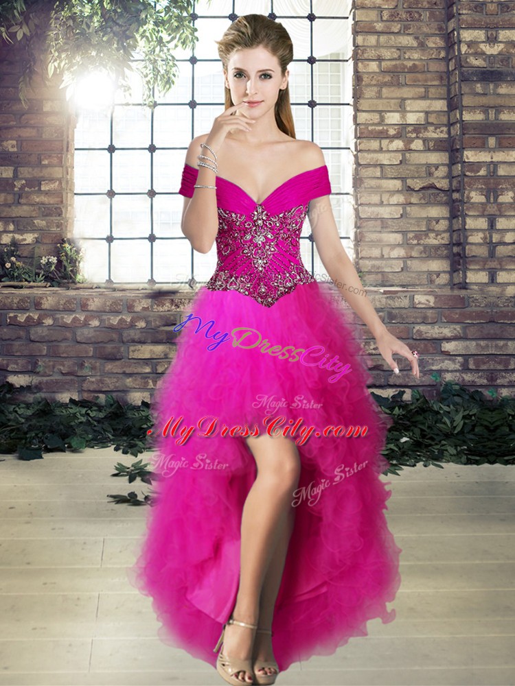 Noble Fuchsia A-line Tulle Off The Shoulder Sleeveless Beading and Ruffles High Low Lace Up