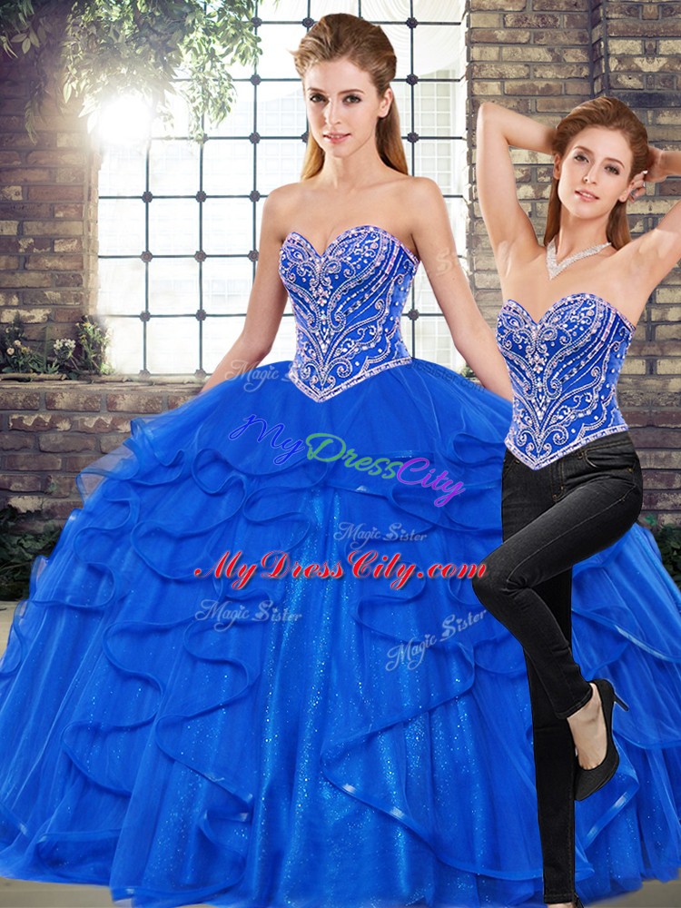 Pretty Floor Length Royal Blue Quinceanera Gown Sweetheart Sleeveless Lace Up