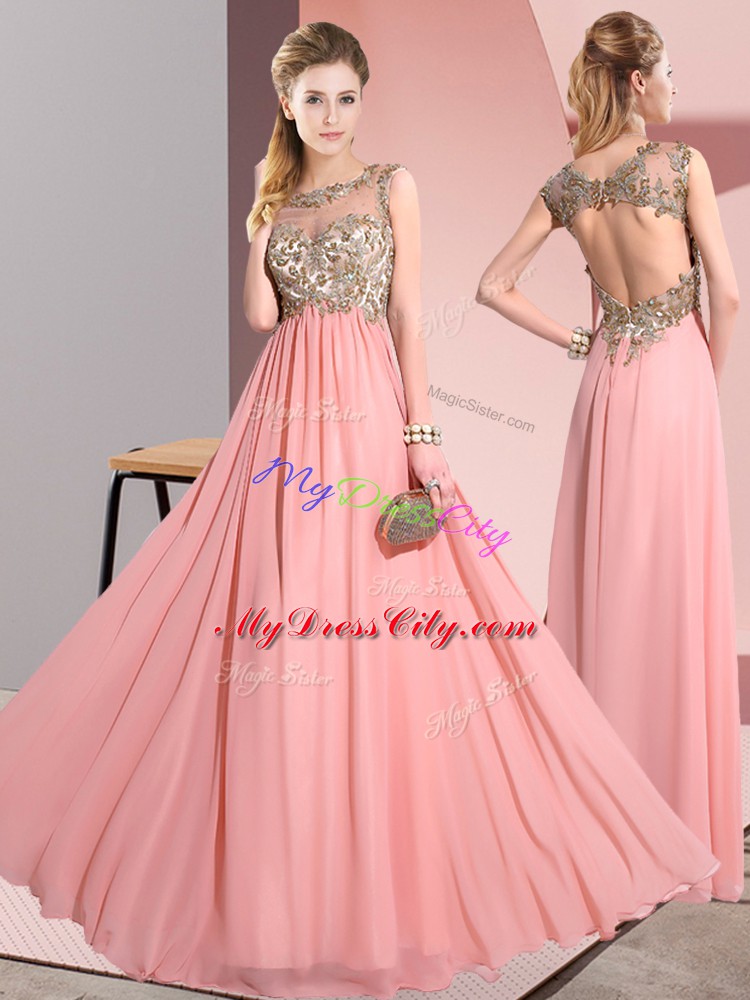 Enchanting Pink Scoop Backless Beading and Appliques Bridesmaid Dress Sleeveless