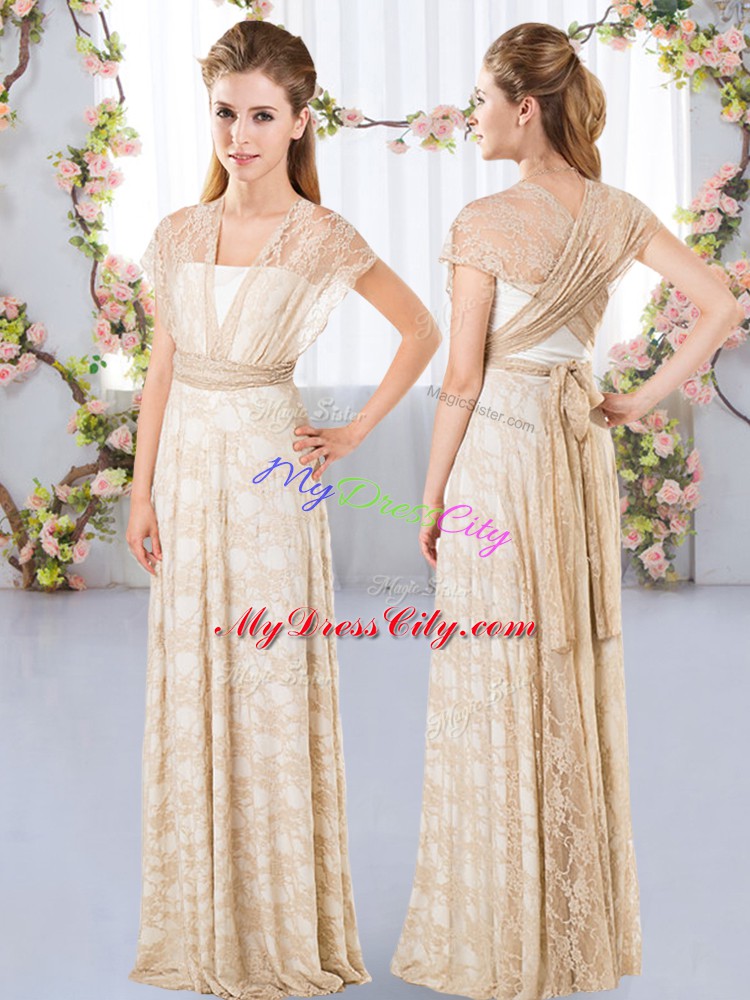 Champagne Short Sleeves Floor Length Lace Side Zipper Bridesmaid Dresses