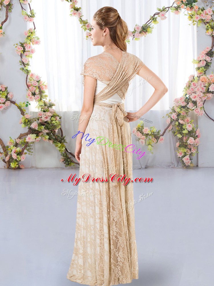 Champagne Short Sleeves Floor Length Lace Side Zipper Bridesmaid Dresses