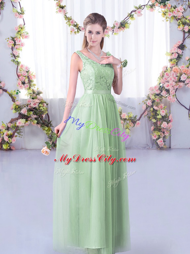 Fantastic V-neck Sleeveless Quinceanera Court Dresses Floor Length Lace and Belt Apple Green Tulle