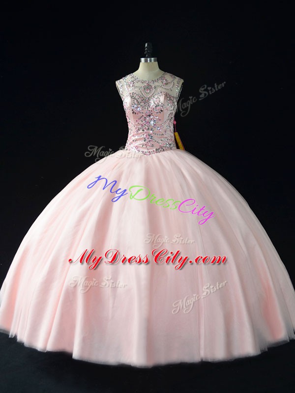 Custom Made Pink Lace Up Scoop Beading Quinceanera Gown Tulle Sleeveless