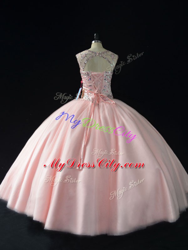 Custom Made Pink Lace Up Scoop Beading Quinceanera Gown Tulle Sleeveless