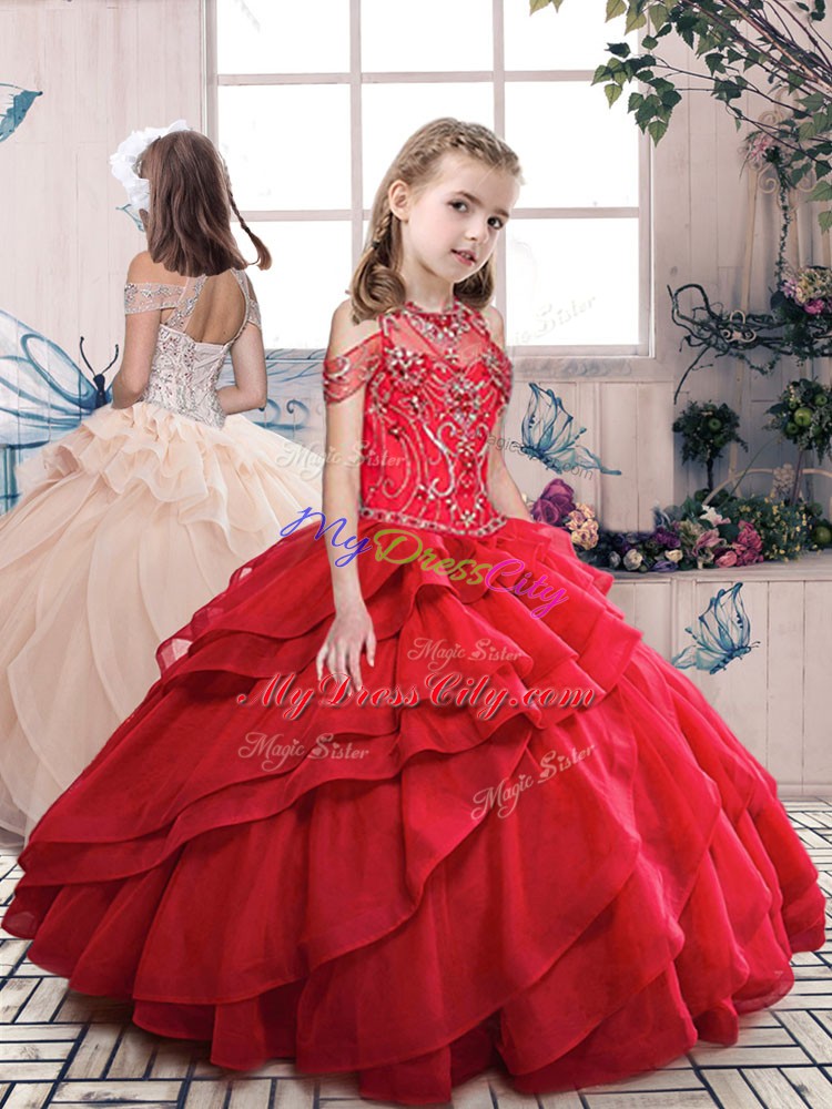 Popular Red Sleeveless Floor Length Beading and Ruffled Layers Lace Up Little Girls Pageant Gowns