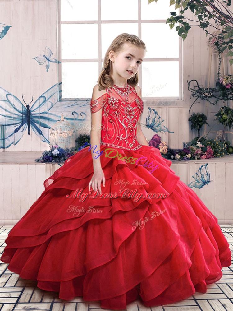 Popular Red Sleeveless Floor Length Beading and Ruffled Layers Lace Up Little Girls Pageant Gowns