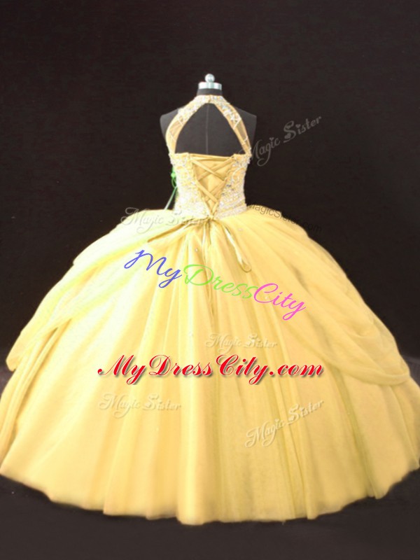 Delicate Beading and Pick Ups Vestidos de Quinceanera Gold Lace Up Sleeveless Floor Length