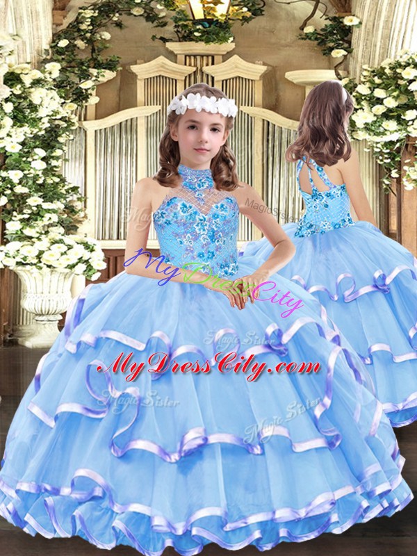 Superior High-neck Sleeveless Little Girls Pageant Gowns Floor Length Appliques and Ruffled Layers Baby Blue Organza