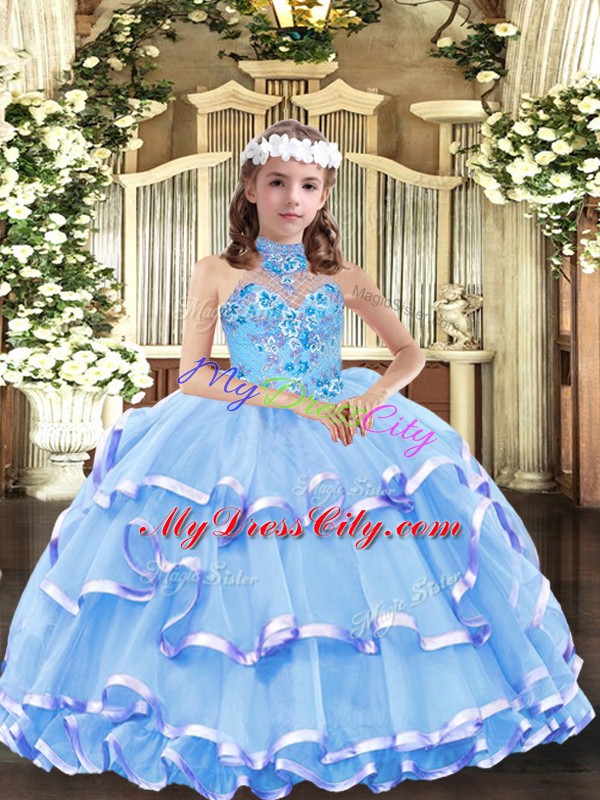 Superior High-neck Sleeveless Little Girls Pageant Gowns Floor Length Appliques and Ruffled Layers Baby Blue Organza