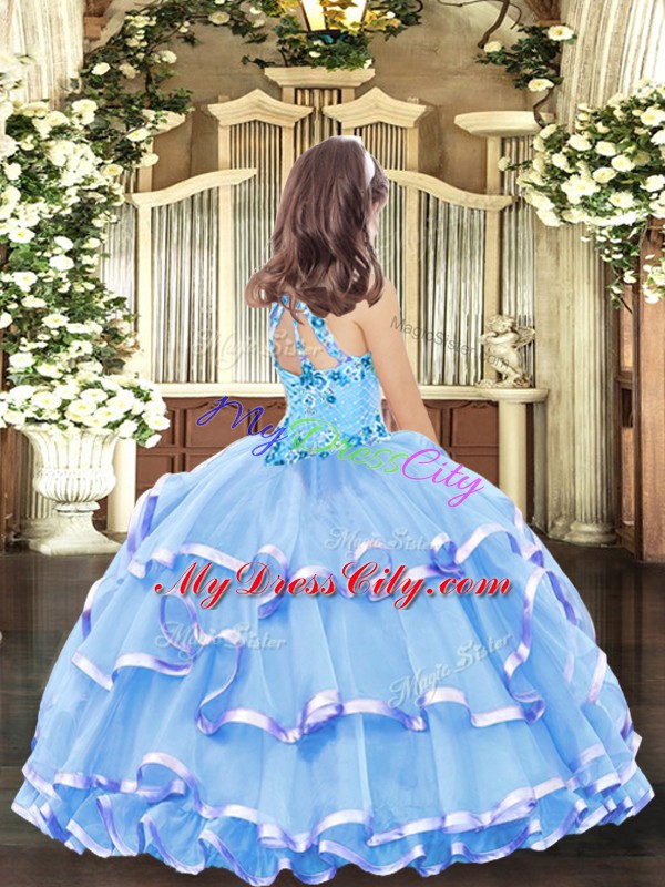 Superior High-neck Sleeveless Little Girls Pageant Gowns Floor Length Appliques and Ruffled Layers Baby Blue Organza