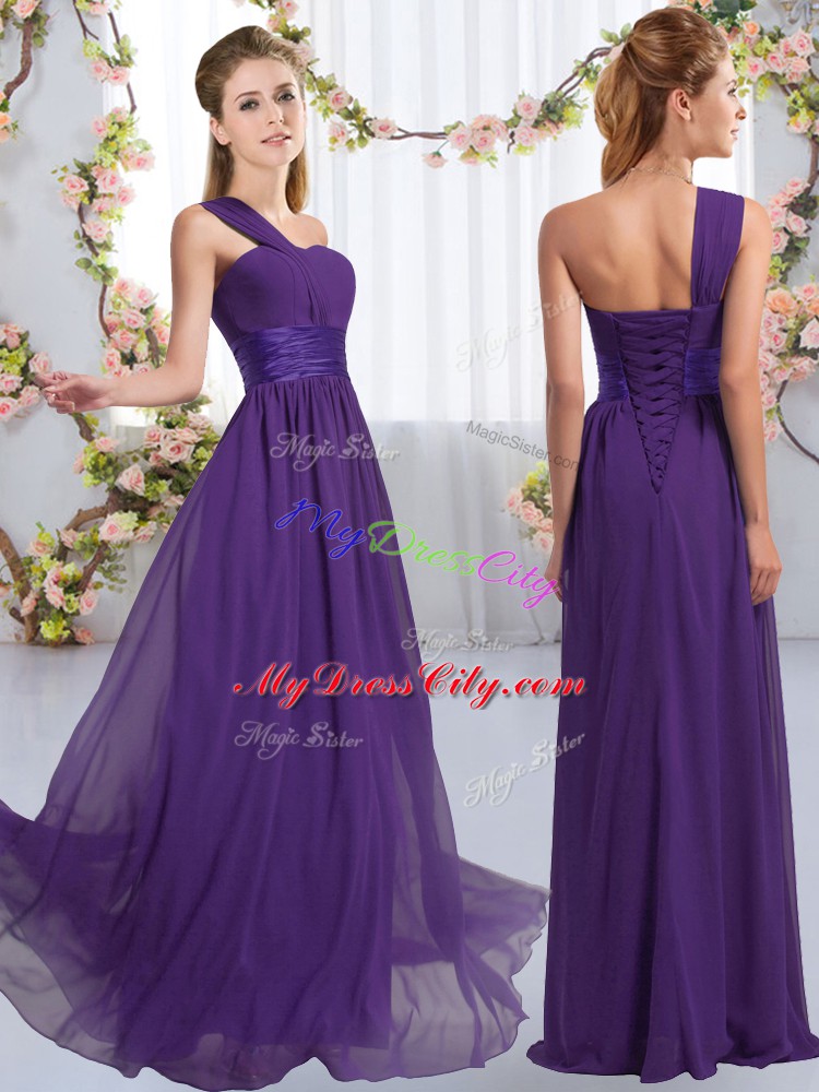 Comfortable Sleeveless Lace Up Floor Length Ruching Wedding Guest Dresses