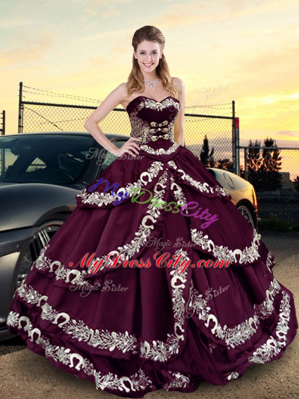 Fabulous Satin Sweetheart Sleeveless Lace Up Embroidery and Ruffled Layers Quinceanera Gown in Purple