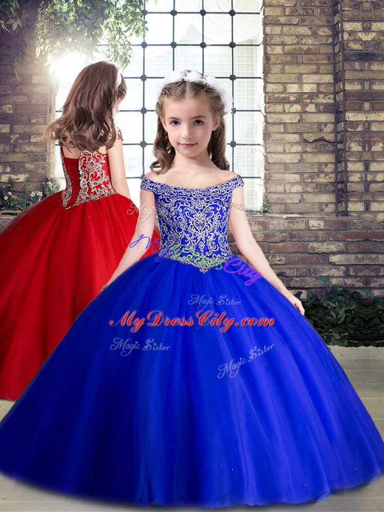 Discount Floor Length Royal Blue Glitz Pageant Dress Off The Shoulder Sleeveless Lace Up