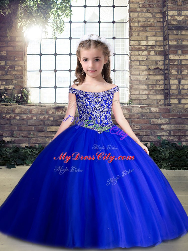 Discount Floor Length Royal Blue Glitz Pageant Dress Off The Shoulder Sleeveless Lace Up