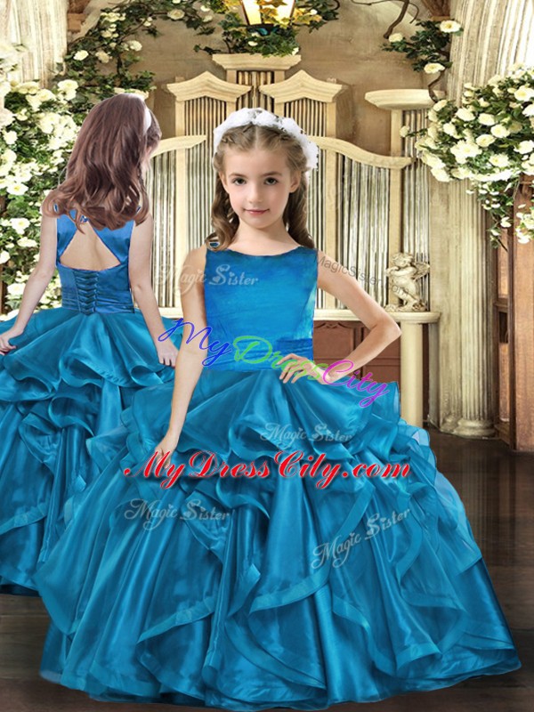 Admirable Blue Sleeveless Organza Lace Up Little Girls Pageant Gowns for Party and Wedding Party