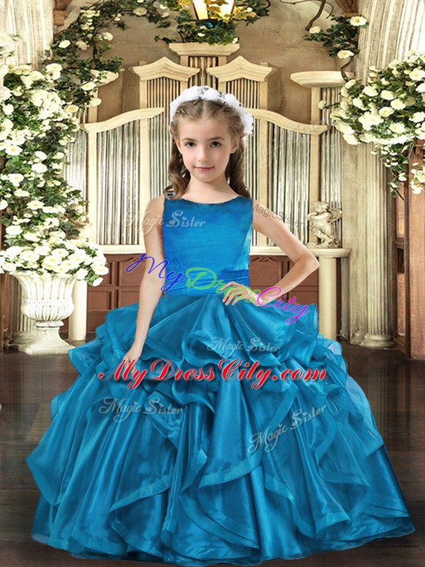 Admirable Blue Sleeveless Organza Lace Up Little Girls Pageant Gowns for Party and Wedding Party