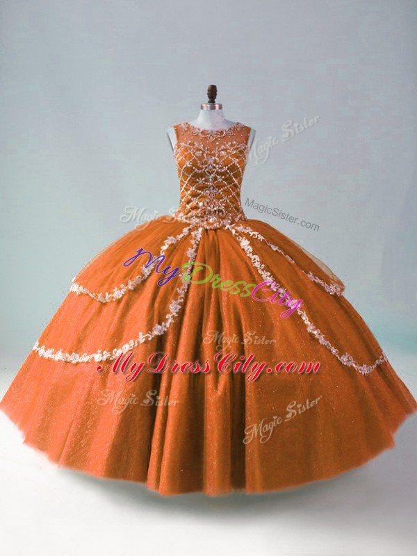 Rust Red Sleeveless Tulle Zipper Quinceanera Dress for Sweet 16 and Quinceanera