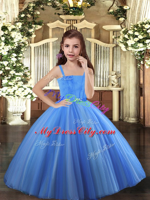 Blue and Yellow And White Sleeveless Tulle Lace Up Little Girl Pageant Gowns for Party and Sweet 16 and Wedding Party