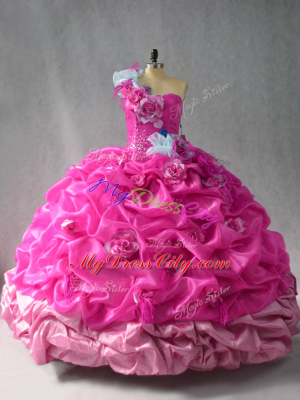 Fantastic Fuchsia Sleeveless Floor Length Pick Ups and Hand Made Flower Lace Up Sweet 16 Dress