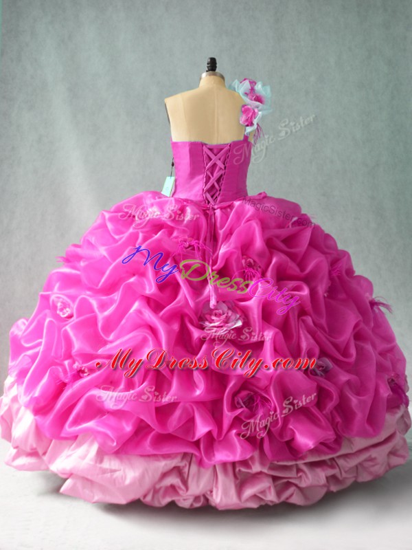 Fantastic Fuchsia Sleeveless Floor Length Pick Ups and Hand Made Flower Lace Up Sweet 16 Dress