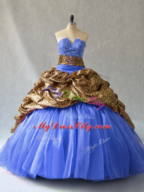 Lace Up 15 Quinceanera Dress Blue for Sweet 16 and Quinceanera with Beading and Pick Ups Brush Train