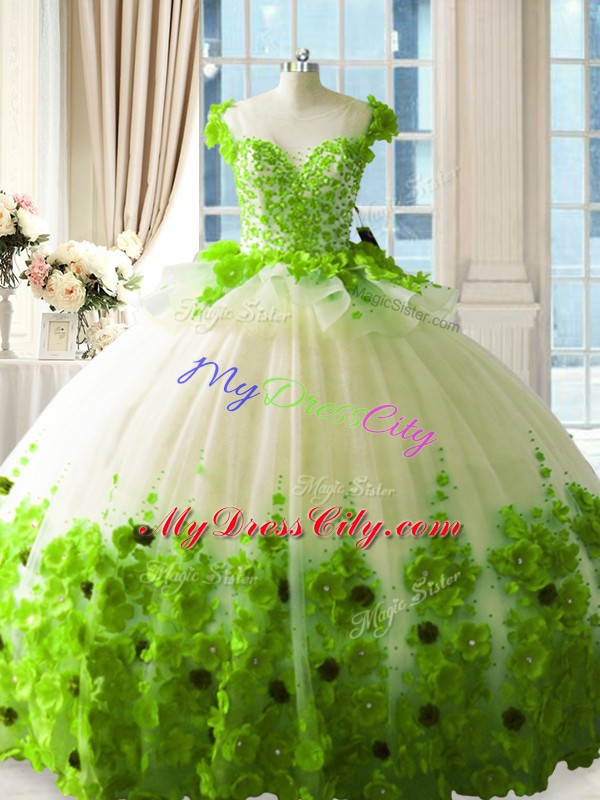 Fabulous Tulle Scoop Sleeveless Zipper Hand Made Flower Quinceanera Dress in