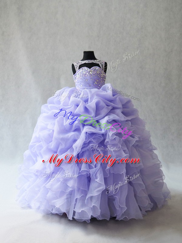 Lavender Scoop Lace Up Beading and Ruffles and Pick Ups Girls Pageant Dresses Brush Train Sleeveless