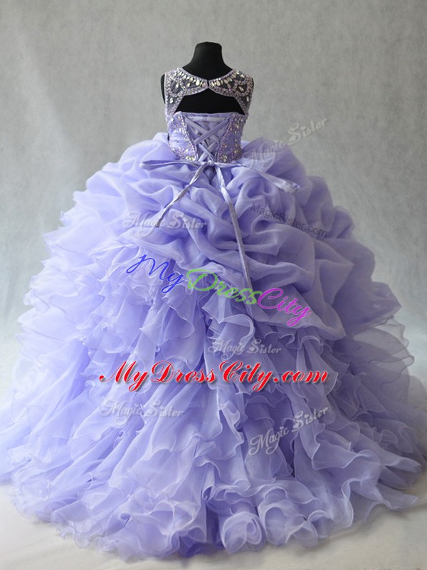 Lavender Scoop Lace Up Beading and Ruffles and Pick Ups Girls Pageant Dresses Brush Train Sleeveless