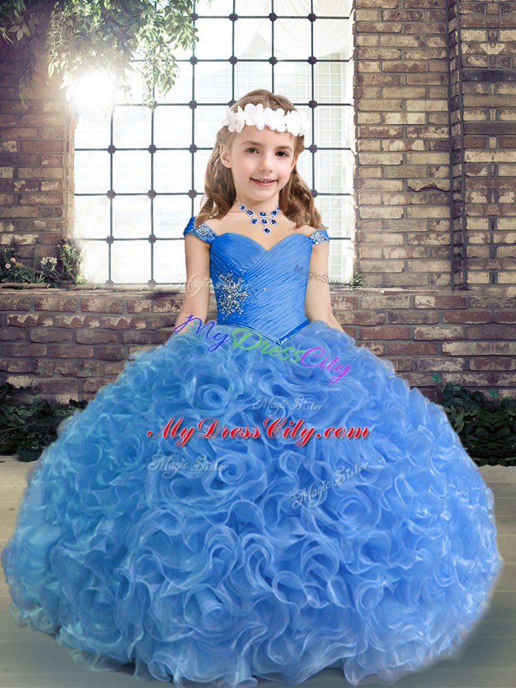 High Class Blue Sleeveless Fabric With Rolling Flowers Lace Up Child Pageant Dress for Party and Wedding Party