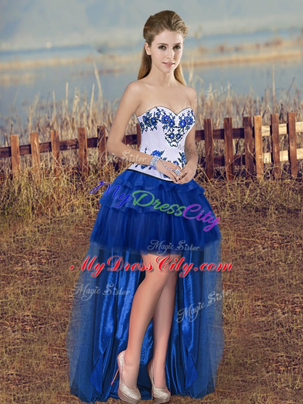 High Class Sleeveless Organza High Low Lace Up Dress for Prom in Royal Blue with Embroidery and Ruffled Layers