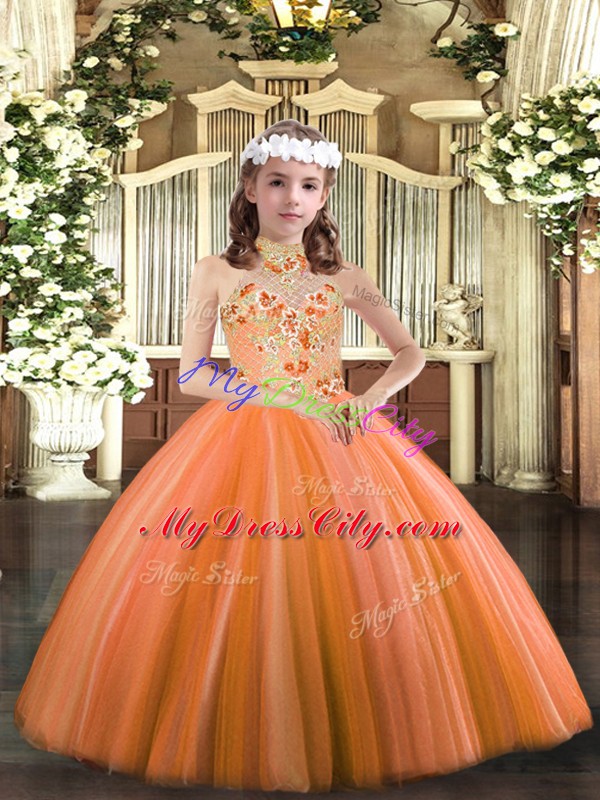 Tulle Halter Top Sleeveless Lace Up Appliques Little Girl Pageant Dress in Orange