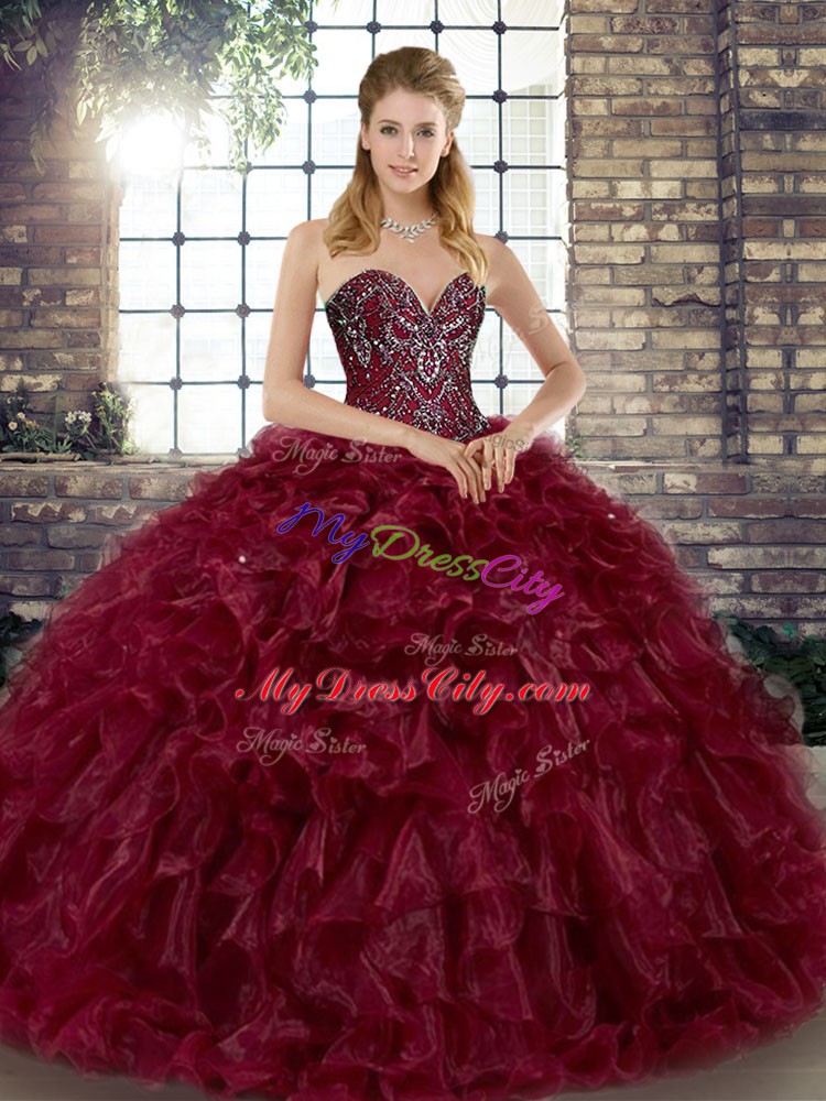 Sweetheart Sleeveless Organza Sweet 16 Dresses Beading and Ruffles Lace Up