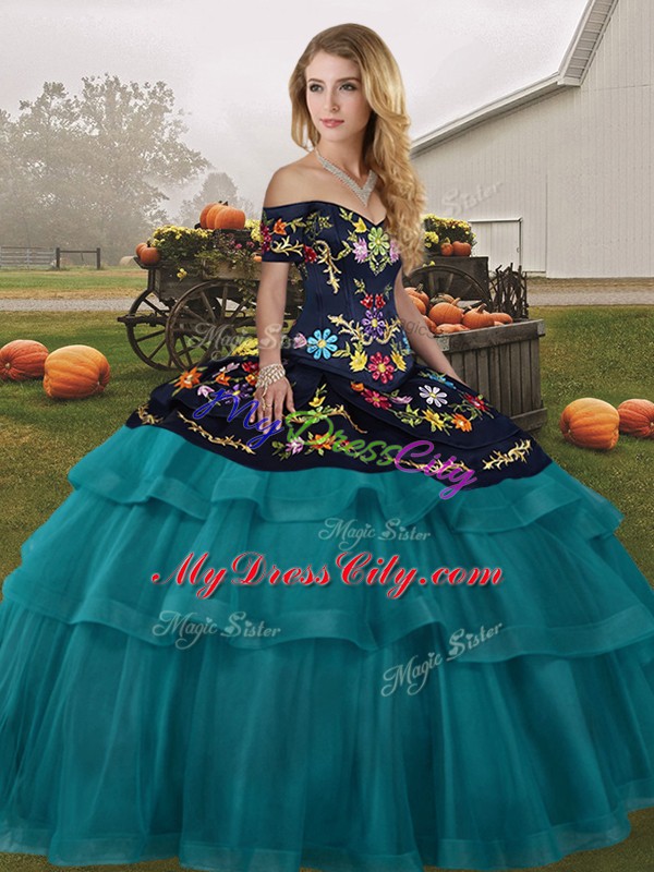 Teal Lace Up Off The Shoulder Embroidery and Ruffled Layers 15th Birthday Dress Tulle Sleeveless Brush Train