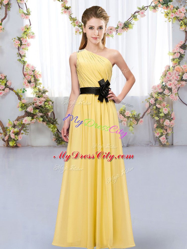 Chiffon One Shoulder Sleeveless Zipper Belt Quinceanera Court Dresses in Gold